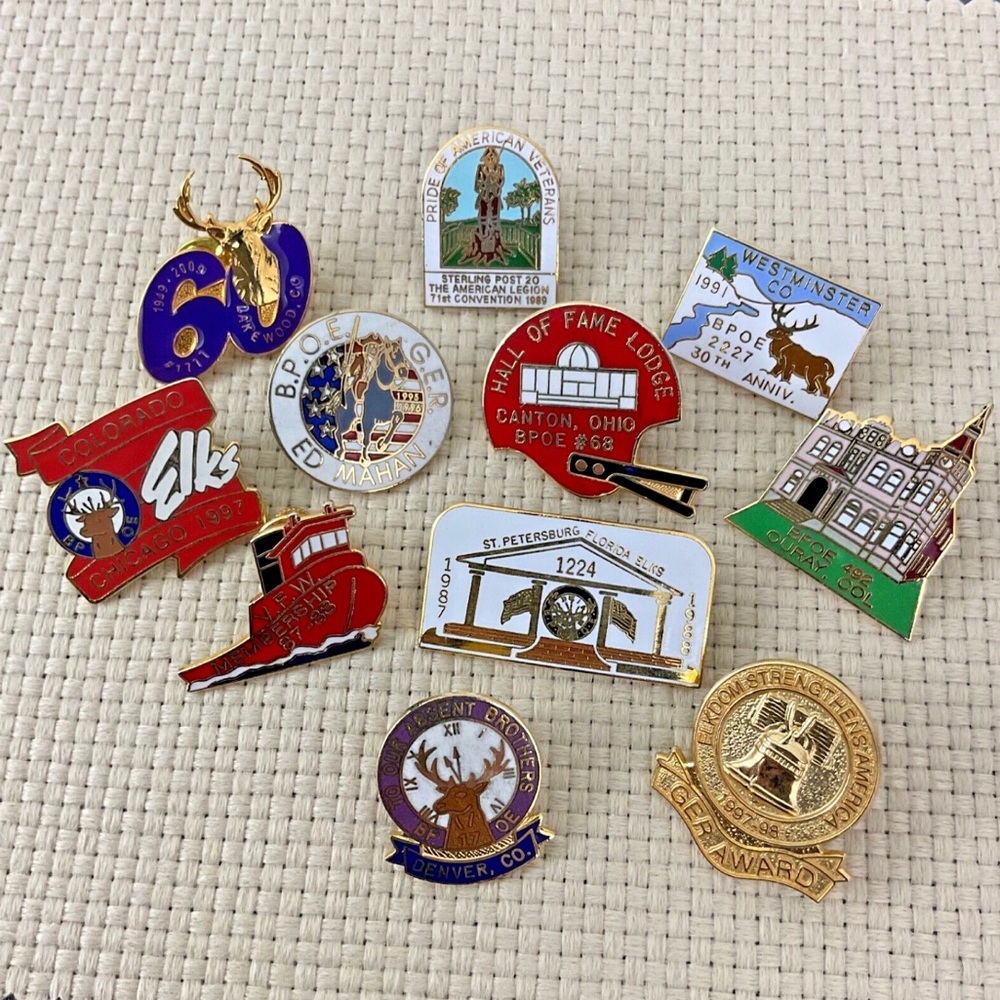 Vintage lot of metal enamel pins Elks Lodge Military Veteran